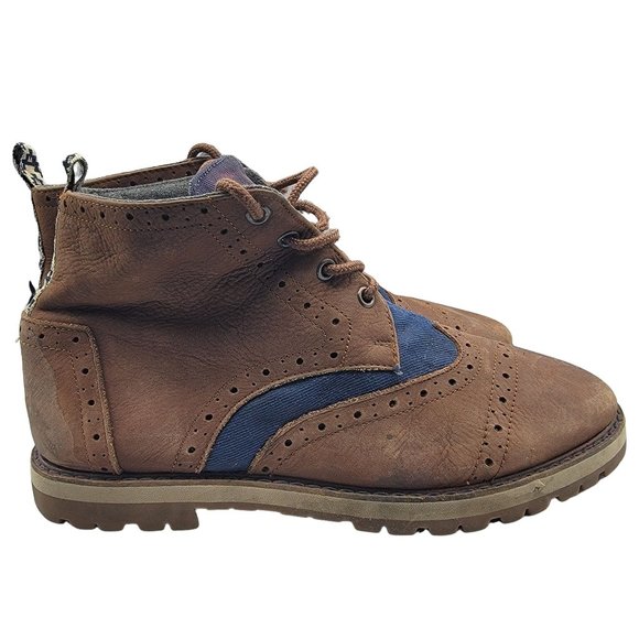 Toms Brogue Boots Mens 9 Vibram Soles Chestnut Brown Leather Navy Herringbone main image 8
